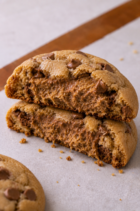 Halved Hazelnut Crunch cookie with molten white chocolate hazelnut and kataifi filling, set of six, Flour Society