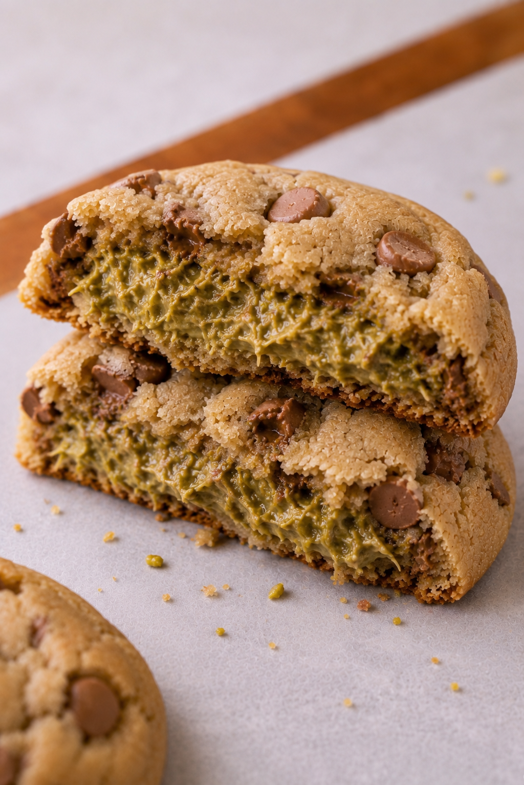 Halved Pistachio Crunch cookie with molten pistachio and kataifi filling, set of six, Flour Society