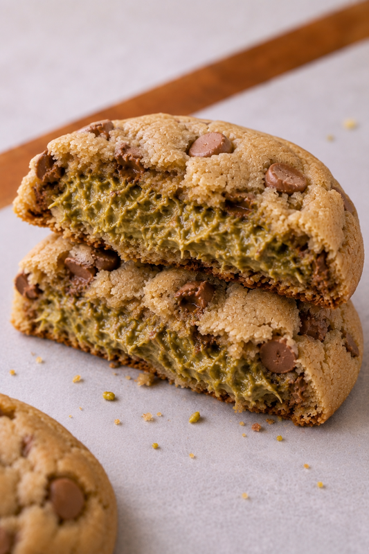 Halved Pistachio Crunch cookie with molten pistachio and kataifi filling, set of six, Flour Society